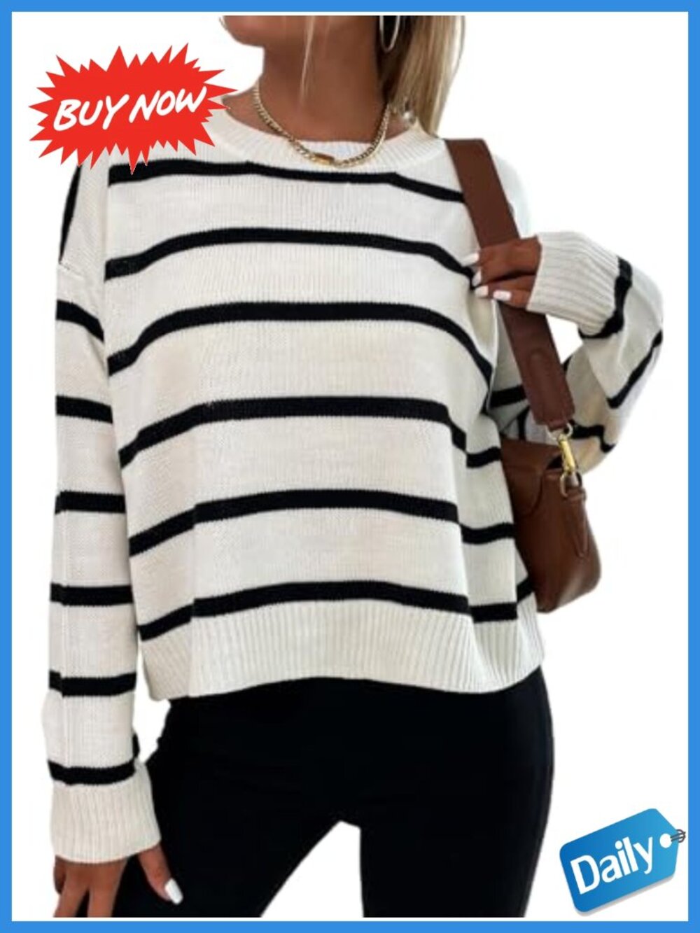 Oversized Striped Sweater Drop Shoulder Crewneck Knit Pullover